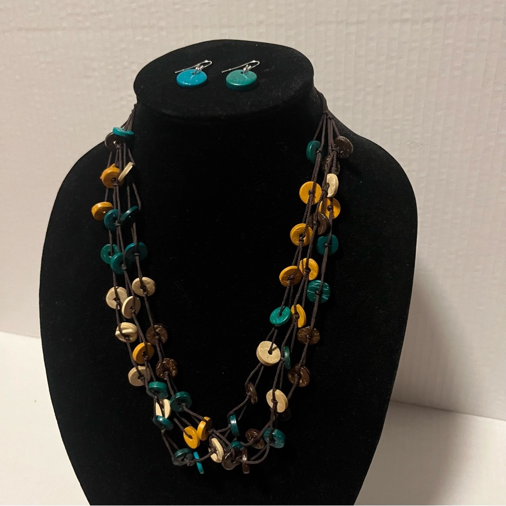 Brown Rope Layered Multi-Colored Beaded Necklace with Matching Earrings